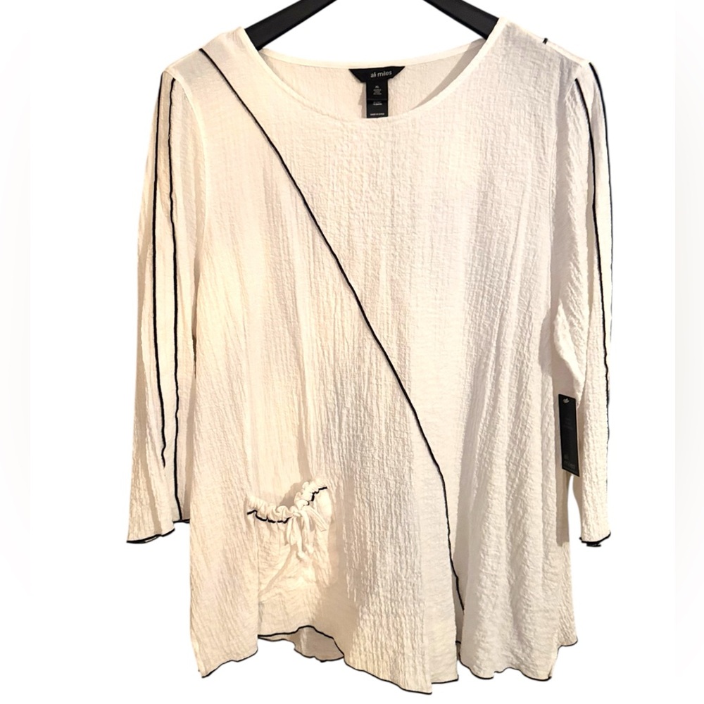 ALI MILES Art to Wear White Crinkled 3/4 Sleeve Tunic w/Black Piping Sz XL NWT
